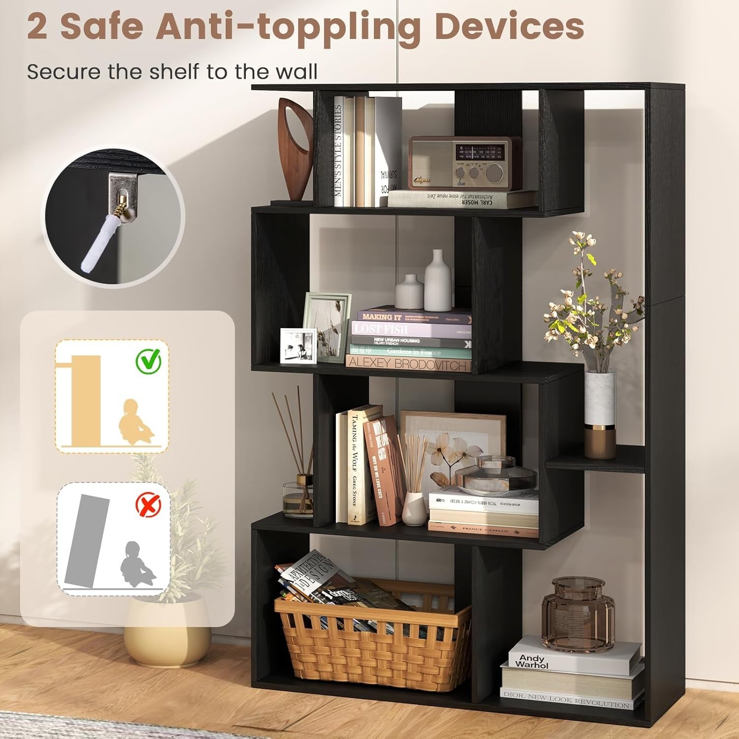 Modern 6-Cube S-Shape Bookcase Storage Unit with Anti-Tip Design for Living Room