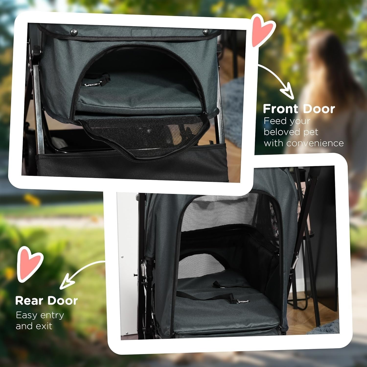 Grey Foldable Dog Stroller with Reversible Handle EVA Wheels Storage