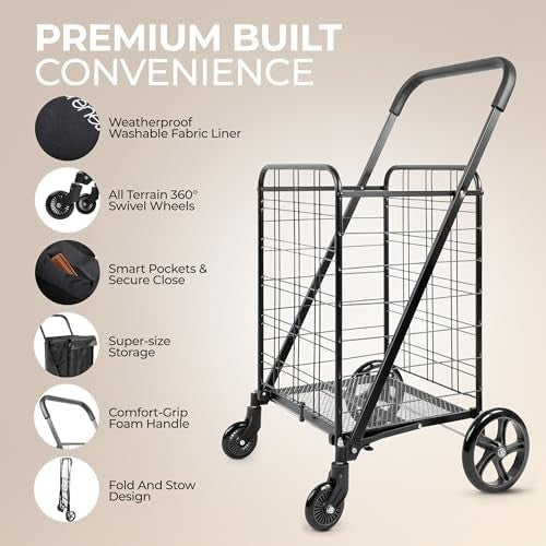 Compact Foldable Shopping Trolley Cart 32kg Capacity with 360° Wheels