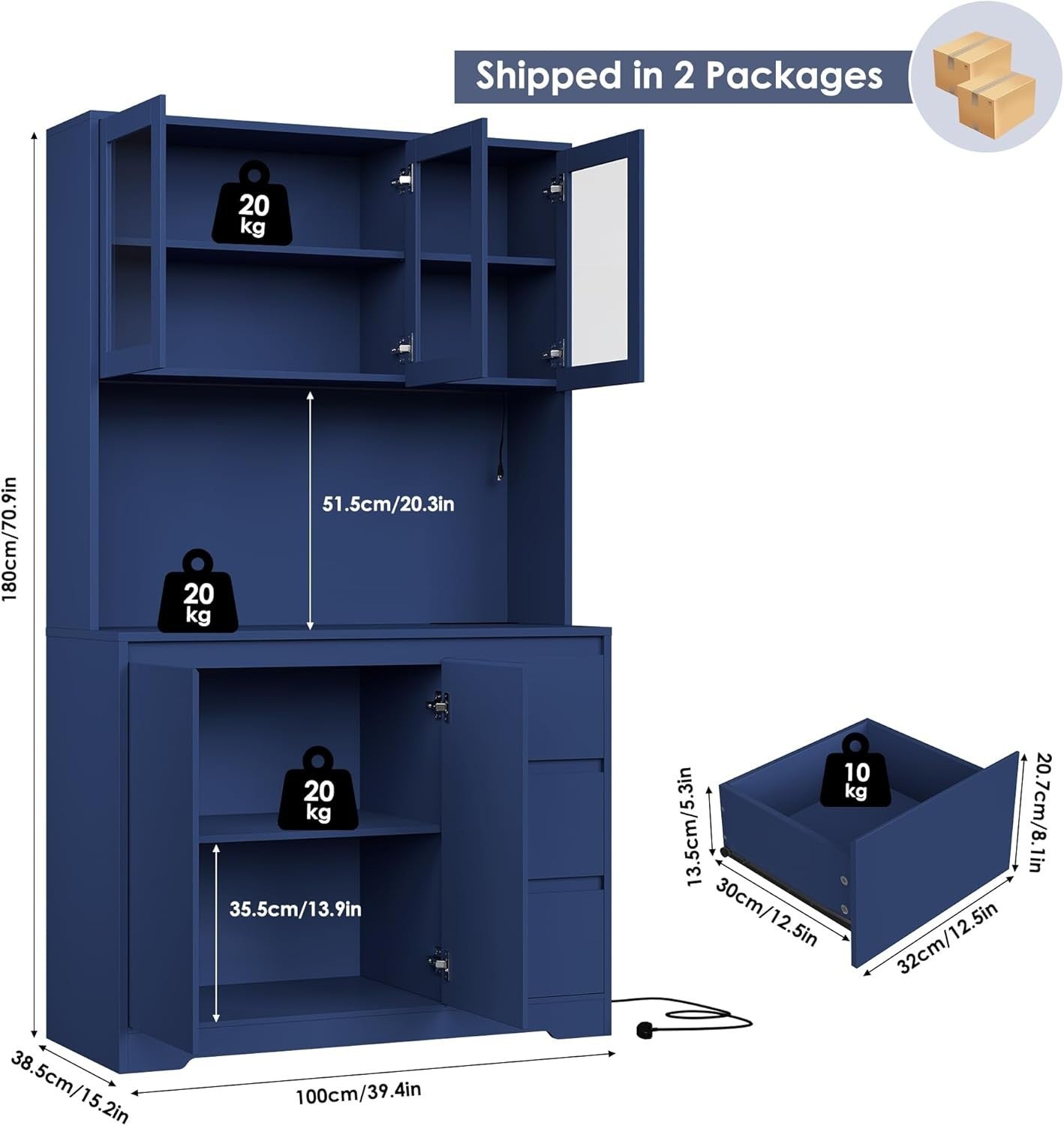 Blue Tall Kitchen Cupboard with LED, Shelves, Drawers & Power Sockets