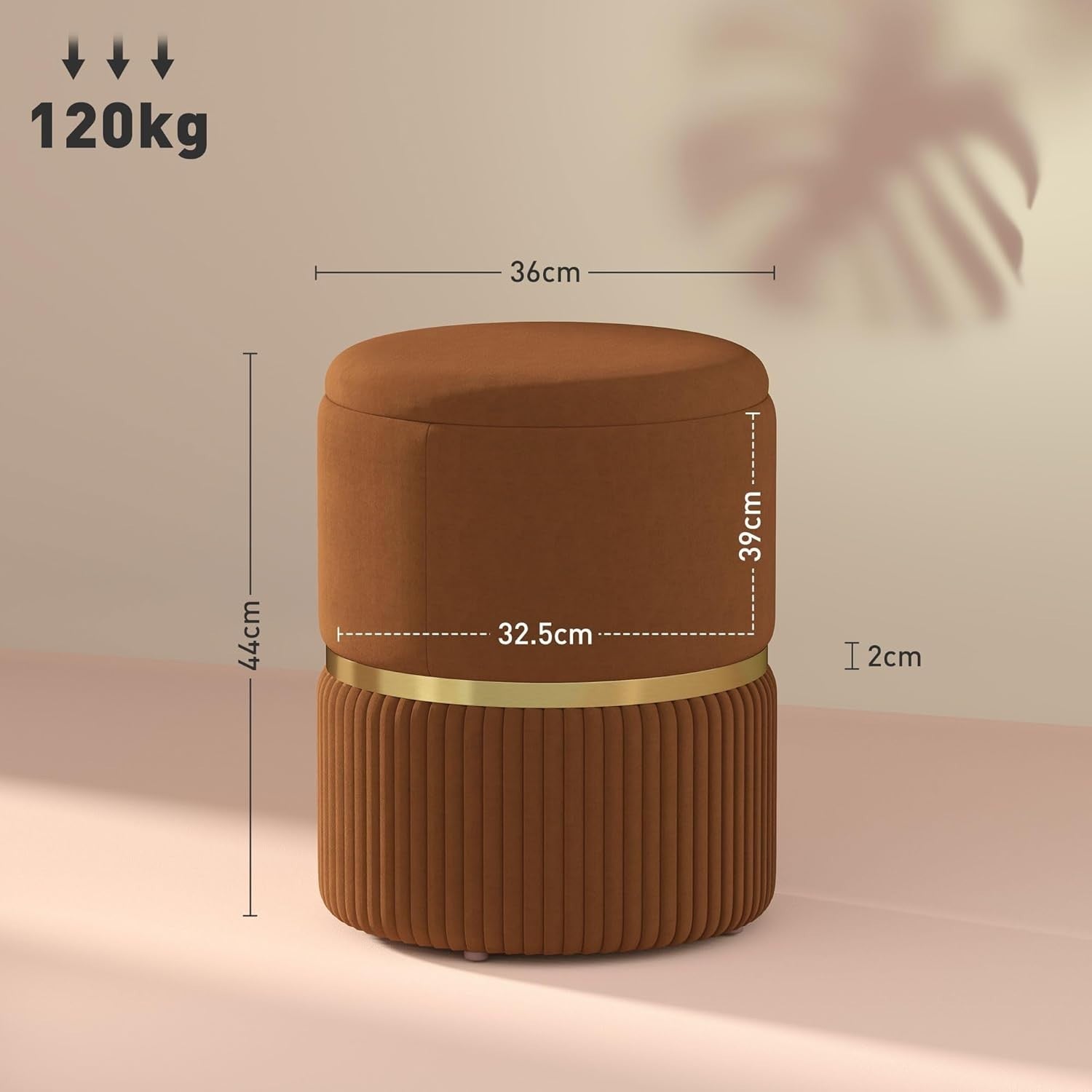 Light Brown Velvet Storage Stool Round Ottoman Padded Seat Vanity Footrest