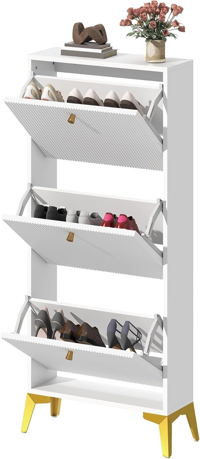 Slim White Shoe Cabinet with 3 Flip Drawers & Adjustable Dividers, Space-Saving