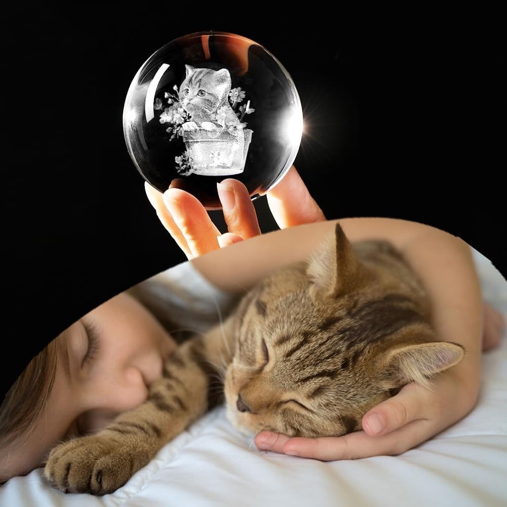 3D Cat with Flower Crystal Ball LED Light • Engraved Kitten Ornament