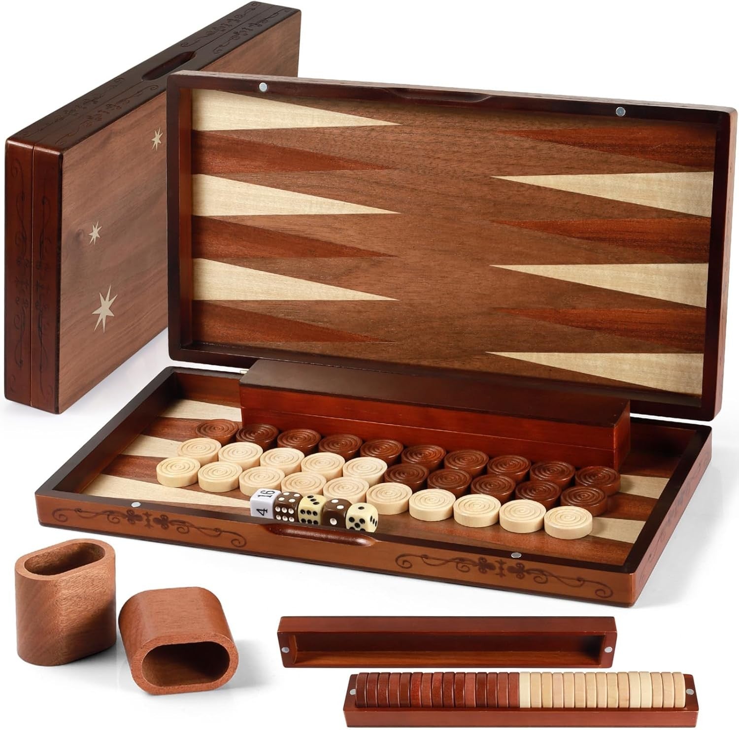 Large Wooden Backgammon Set 16” Folding Travel Board Luxury Strategy Game