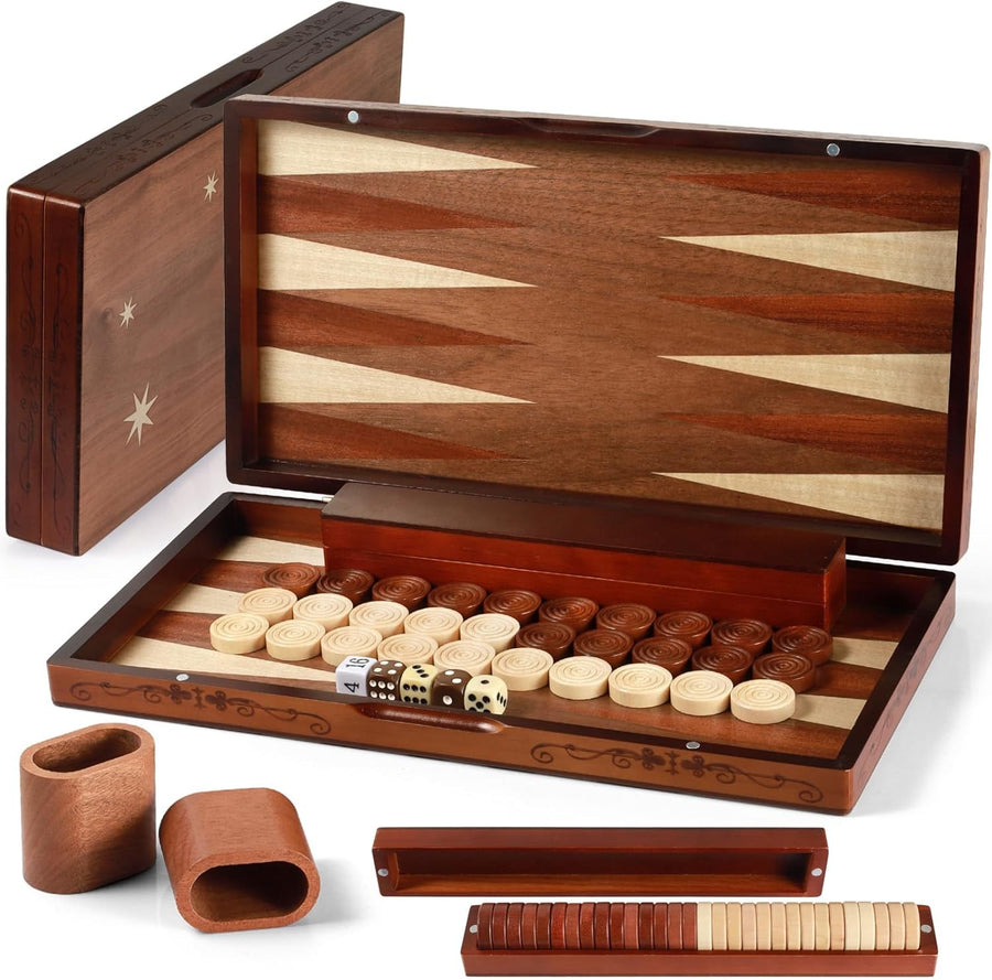 Large Wooden Backgammon Set 16” Folding Travel Board Luxury Strategy Game