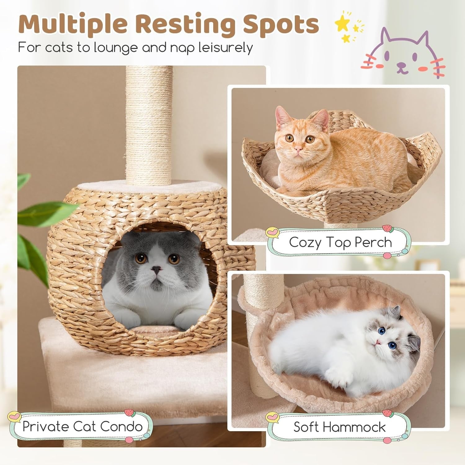 150cm Cat Tree Wicker Condo Hammock Sisal Scratching Tower Beige Indoor