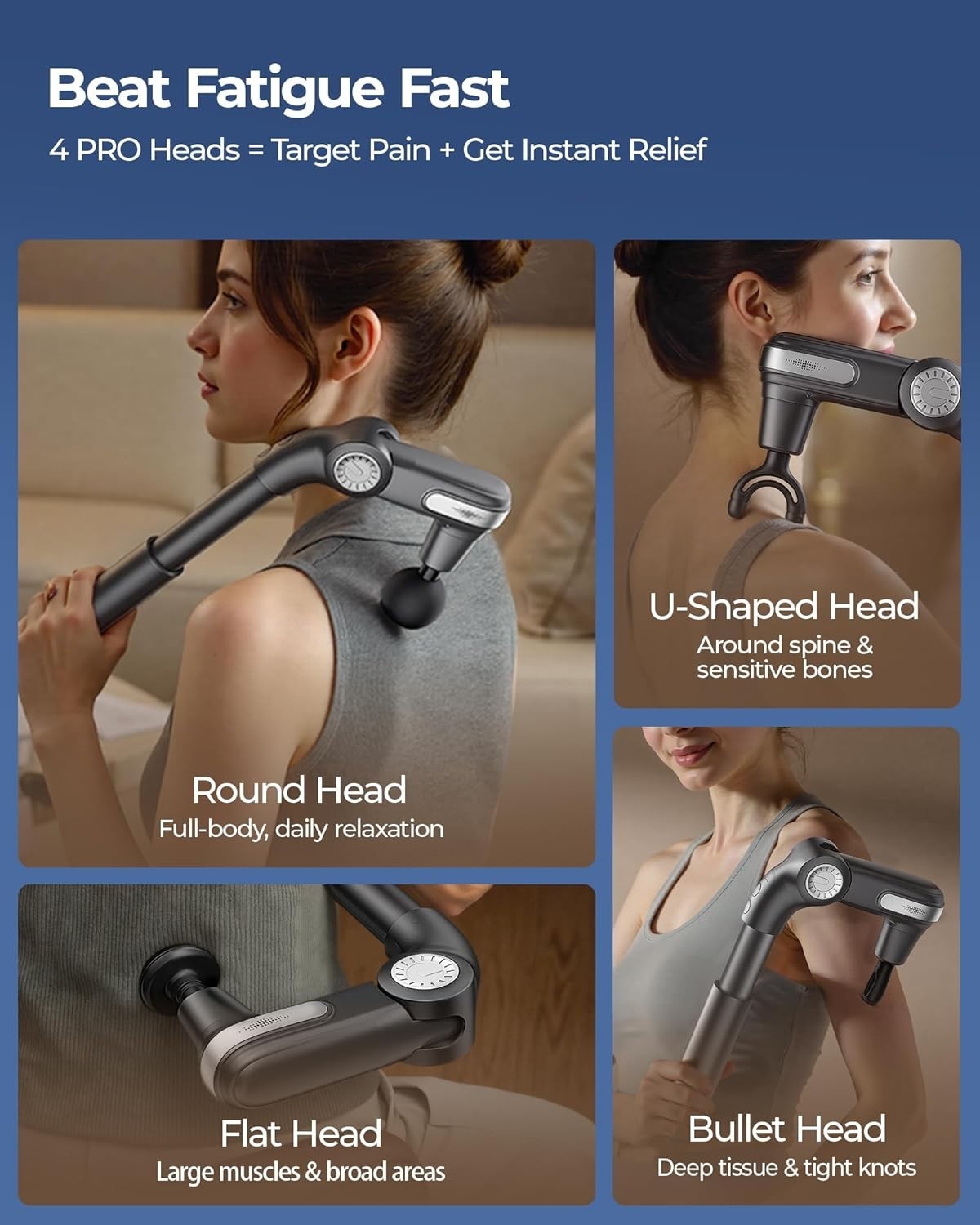 Back Massage Gun w Extendable Handle Deep Tissue Percussion Massager Portable