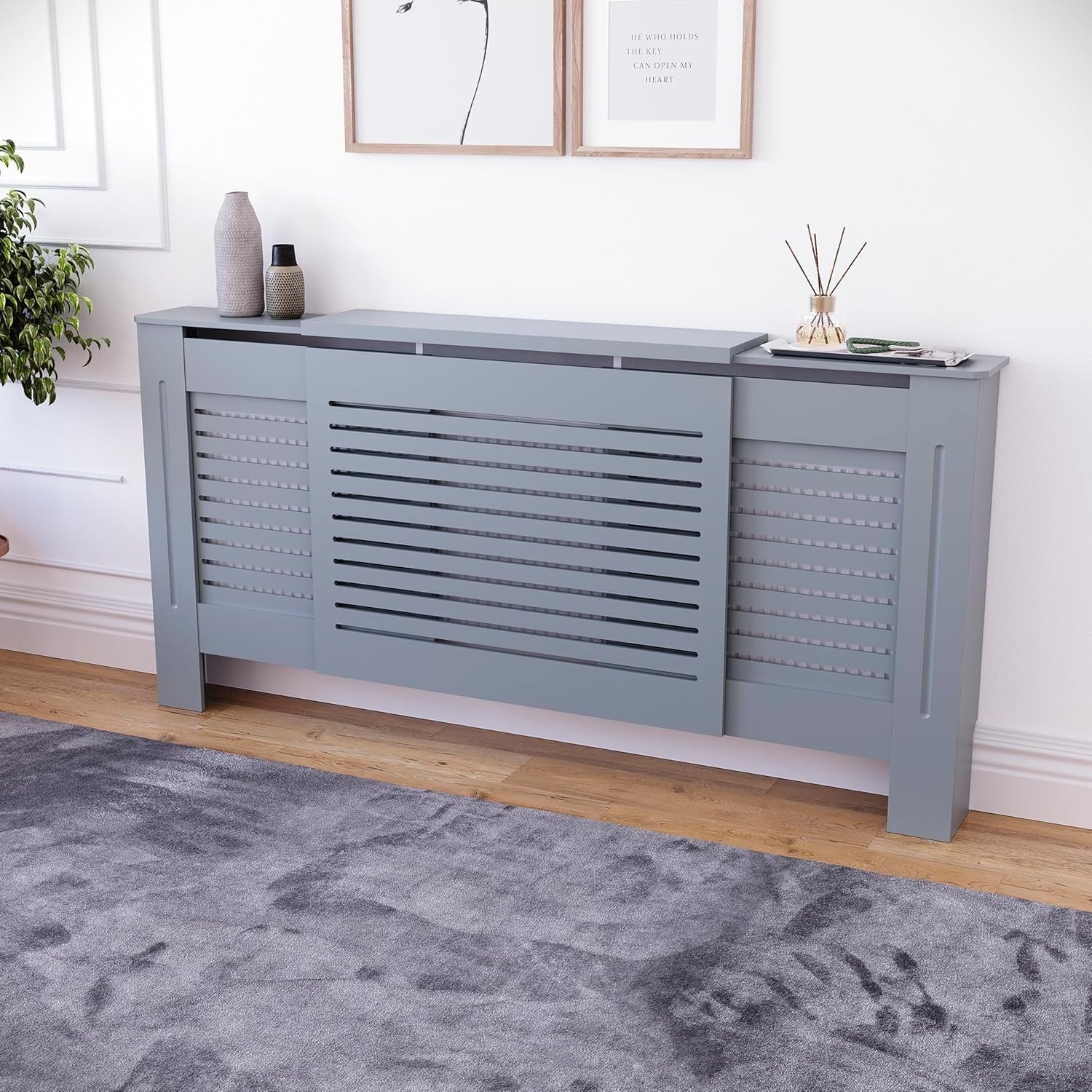 Adjustable Grey Radiator Cover 195x80x16cm Modern MDF Slatted Heating Cabinet