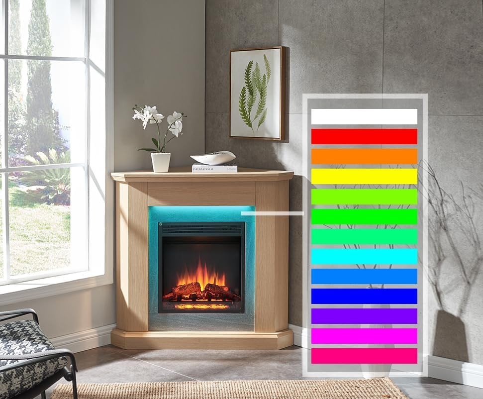 Corner Electric Fireplace 38" Natural Oak 2kW Glass Heater Suite LED