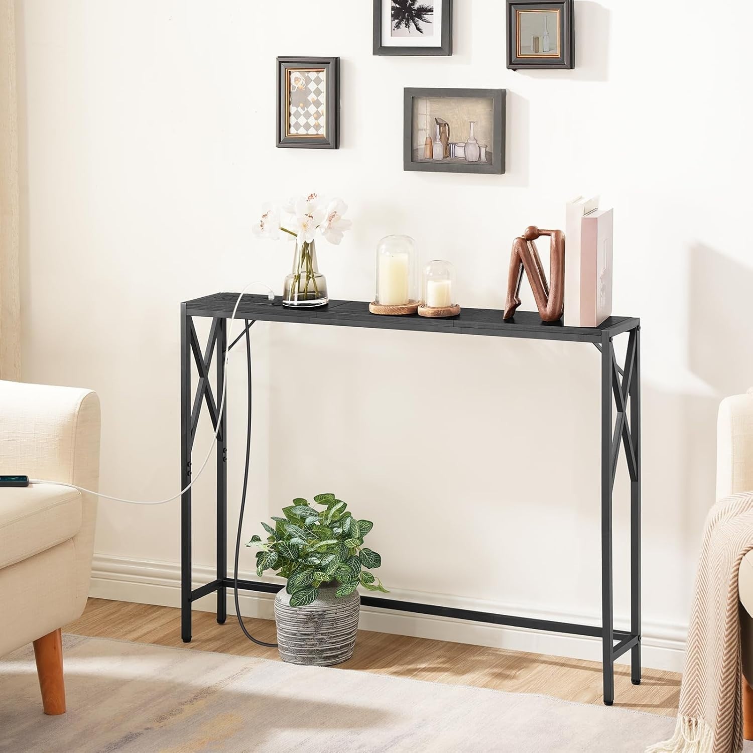 Narrow Console Table with USB Charging Ports – 100cm Slim Hallway Desk