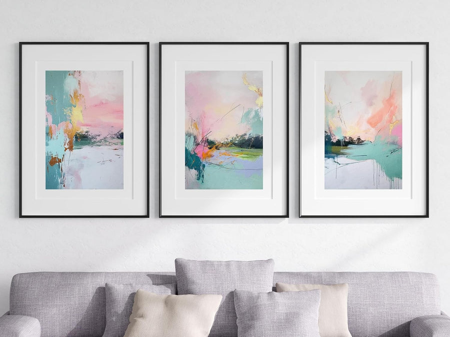 3Pcs Abstract Sunrise Wall Art – Pink Orange Gold Blue Modern A4 Prints