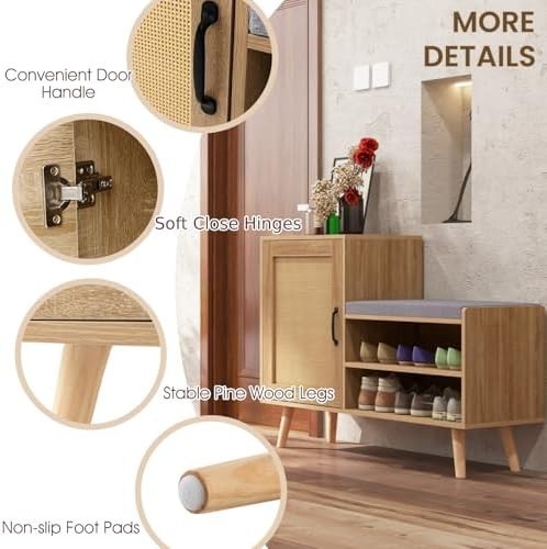Rattan Shoe Cabinet Bench with Cushion Adjustable Shelves Pine Wood Legs Unit