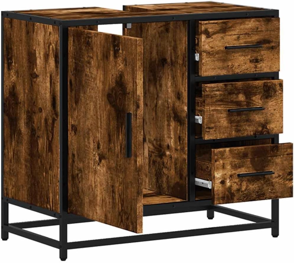 Smoked Oak Bathroom Sink Cabinet Industrial Vanity Storage Unit 65x33x60cm
