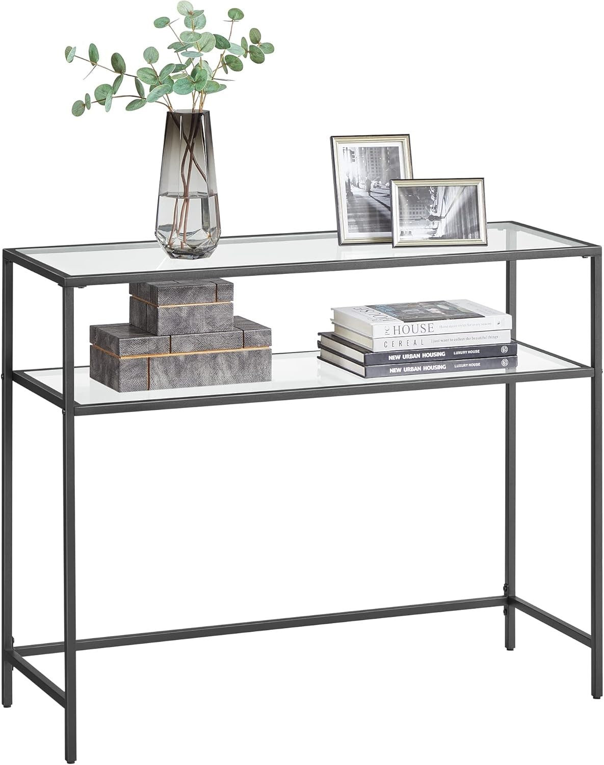 Console Table Black Metal Frame Tempered Glass | 2 Tier 35D x 100W x 80H cm