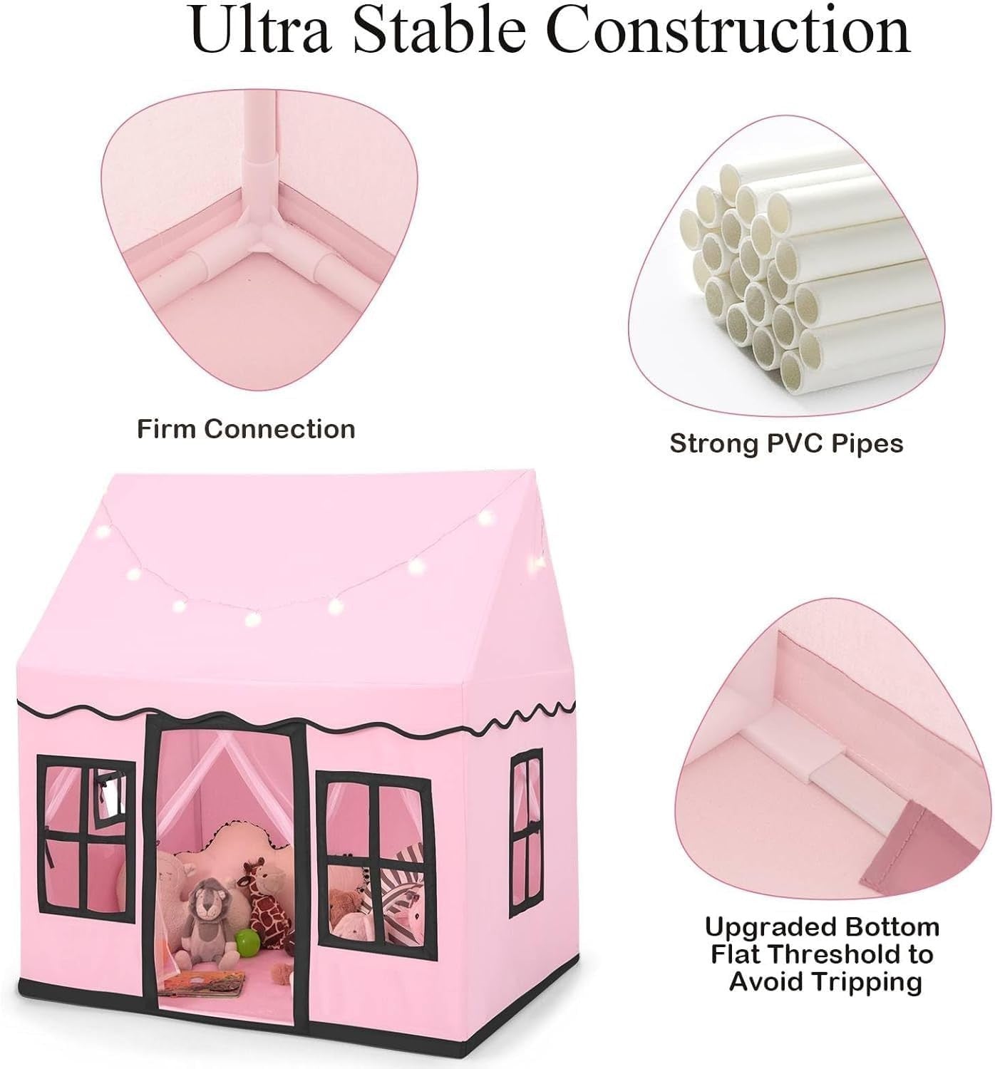 Pink Kids Castle Play Tent Indoor Outdoor w Non Slip Mat Lights