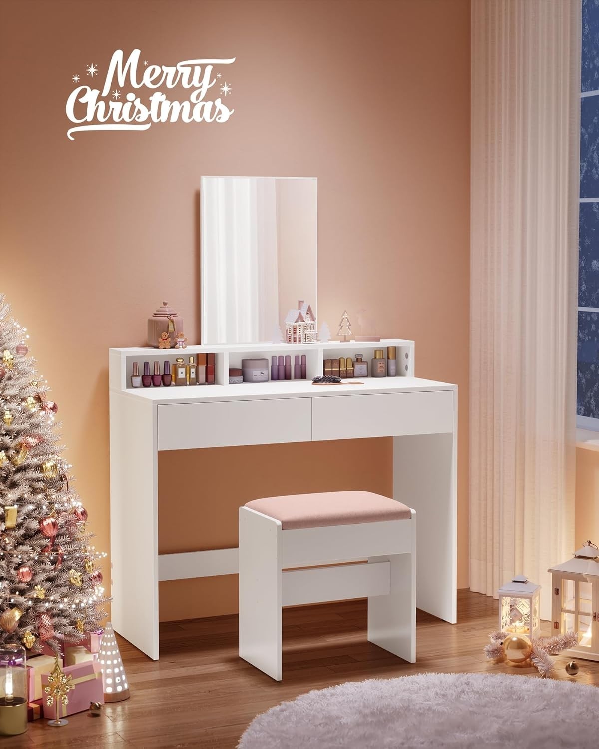 Modern Makeup Vanity Dressing Table Desk Storage Drawers Mirror White Wood