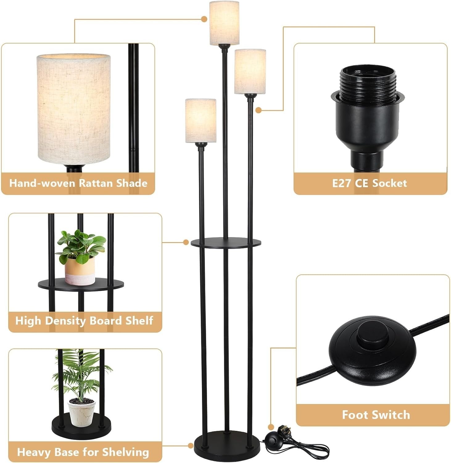 Modern 3-Light Floor Lamp with Shelves, Linen Shades & Foot Switch, 79" Tall