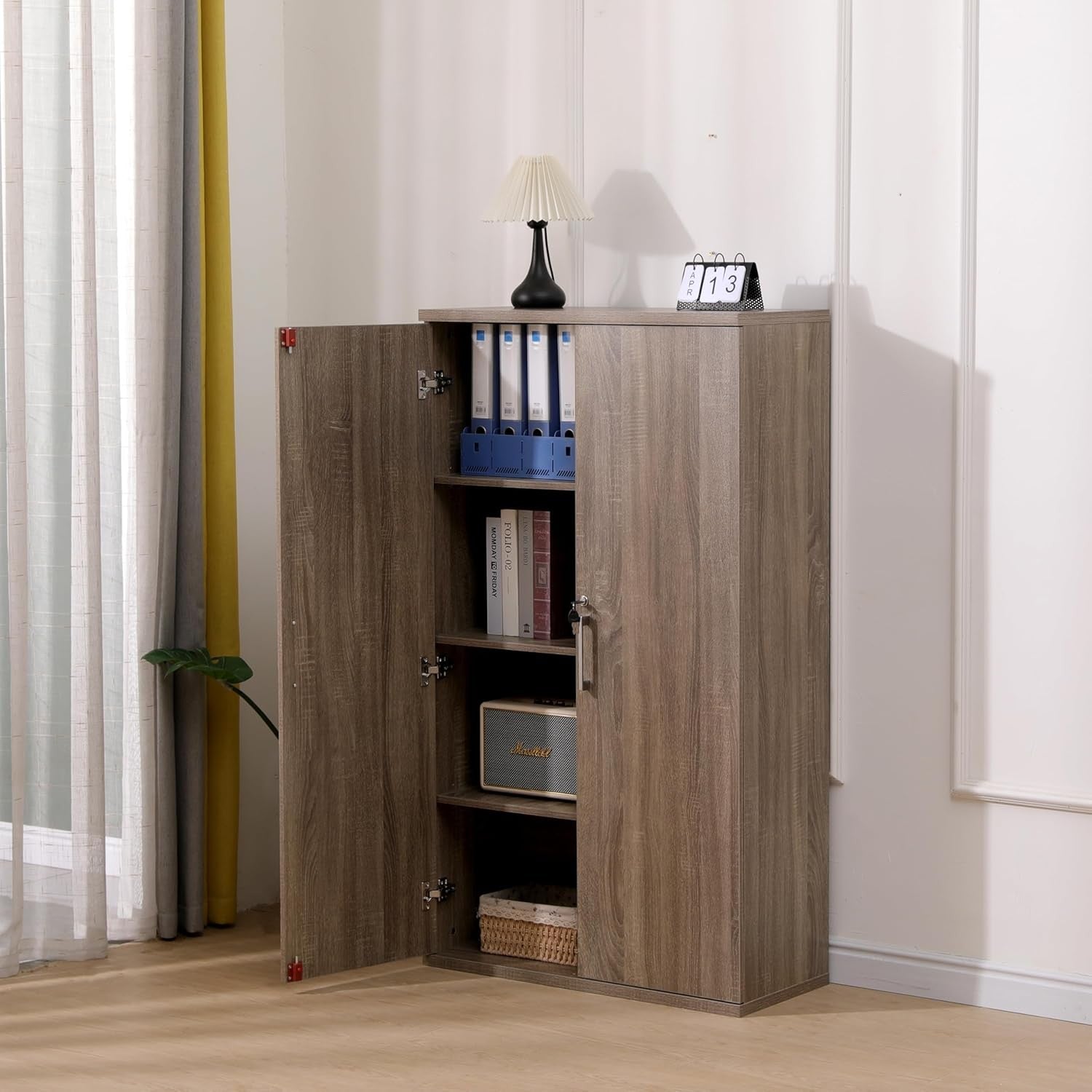Tall Dark Oak Office Storage Cabinet Lockable 2 Door Cupboard 3 Shelves