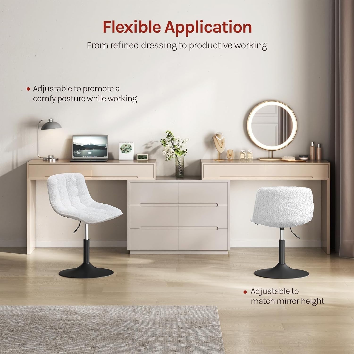 White Swivel Vanity Chair Height Adjustable Chenille Dressing Table Stool
