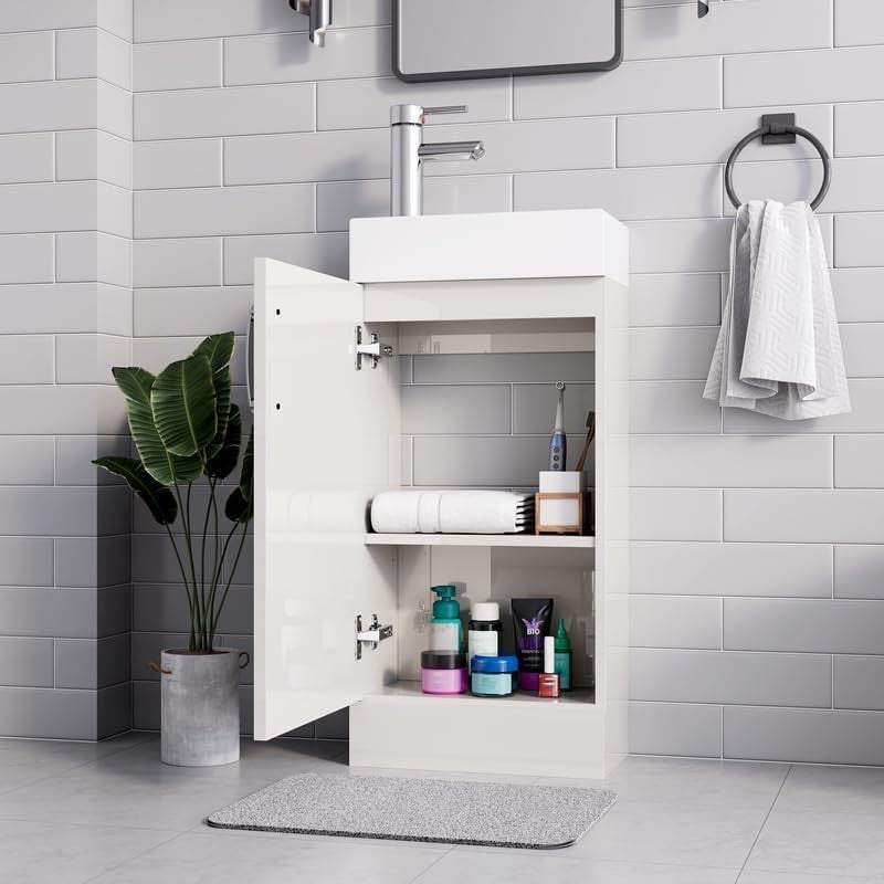 Slim 400mm Bathroom Vanity Unit with Basin White Floor Standing Sink Cabinet