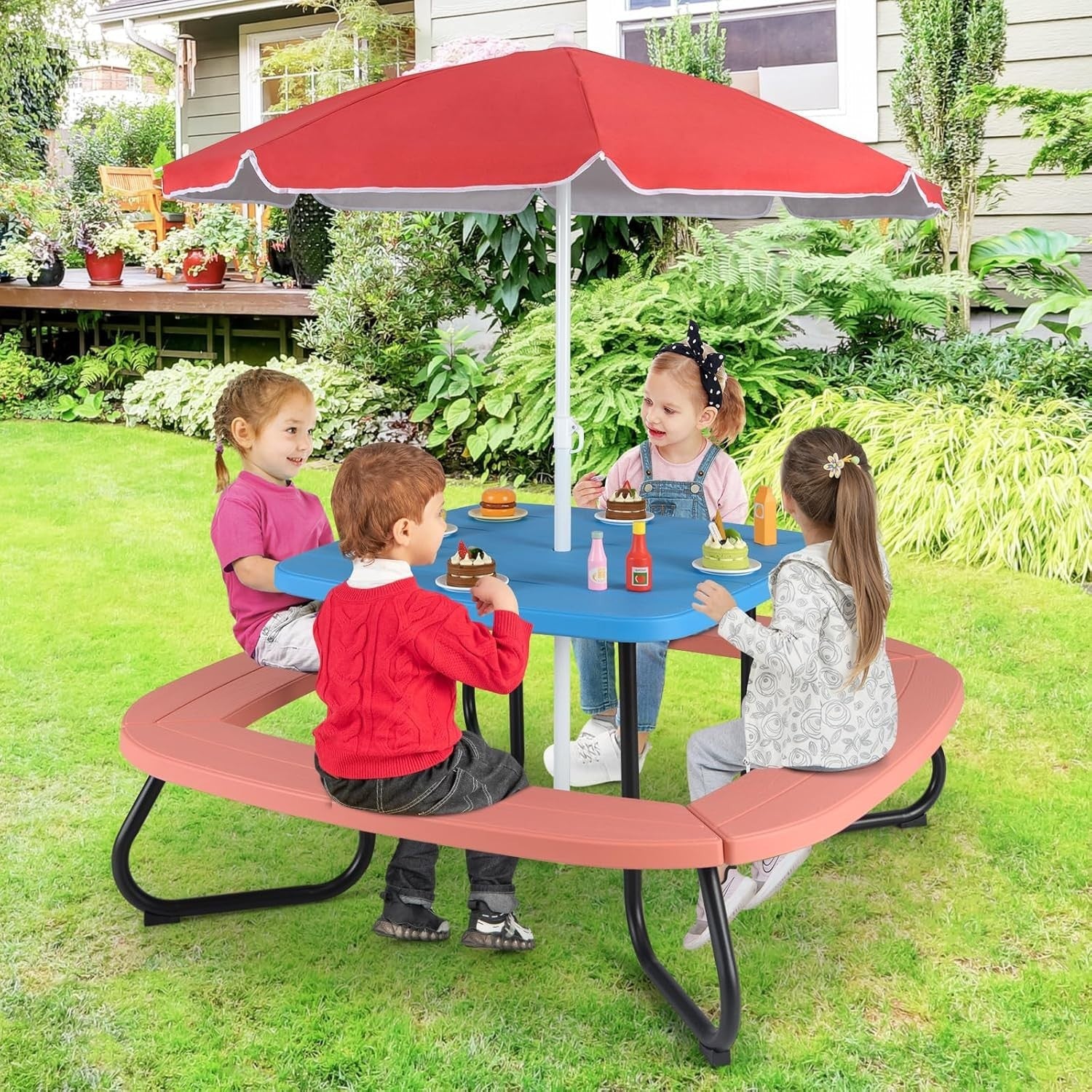 Kids Picnic Table Set with 8 Seats, Adjustable Umbrella, Outdoor Garden Play Tab