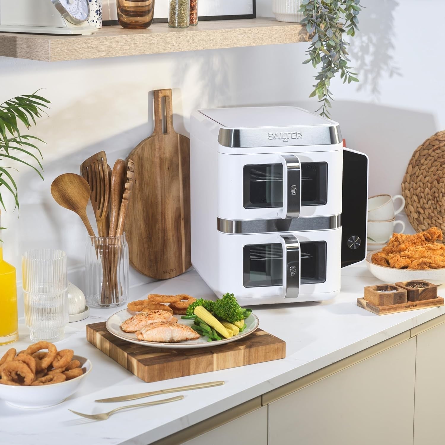 Vertical Dual Drawer Air Fryer 9L 12 Presets 4-Level Cooking, Sync/Match, 2400W