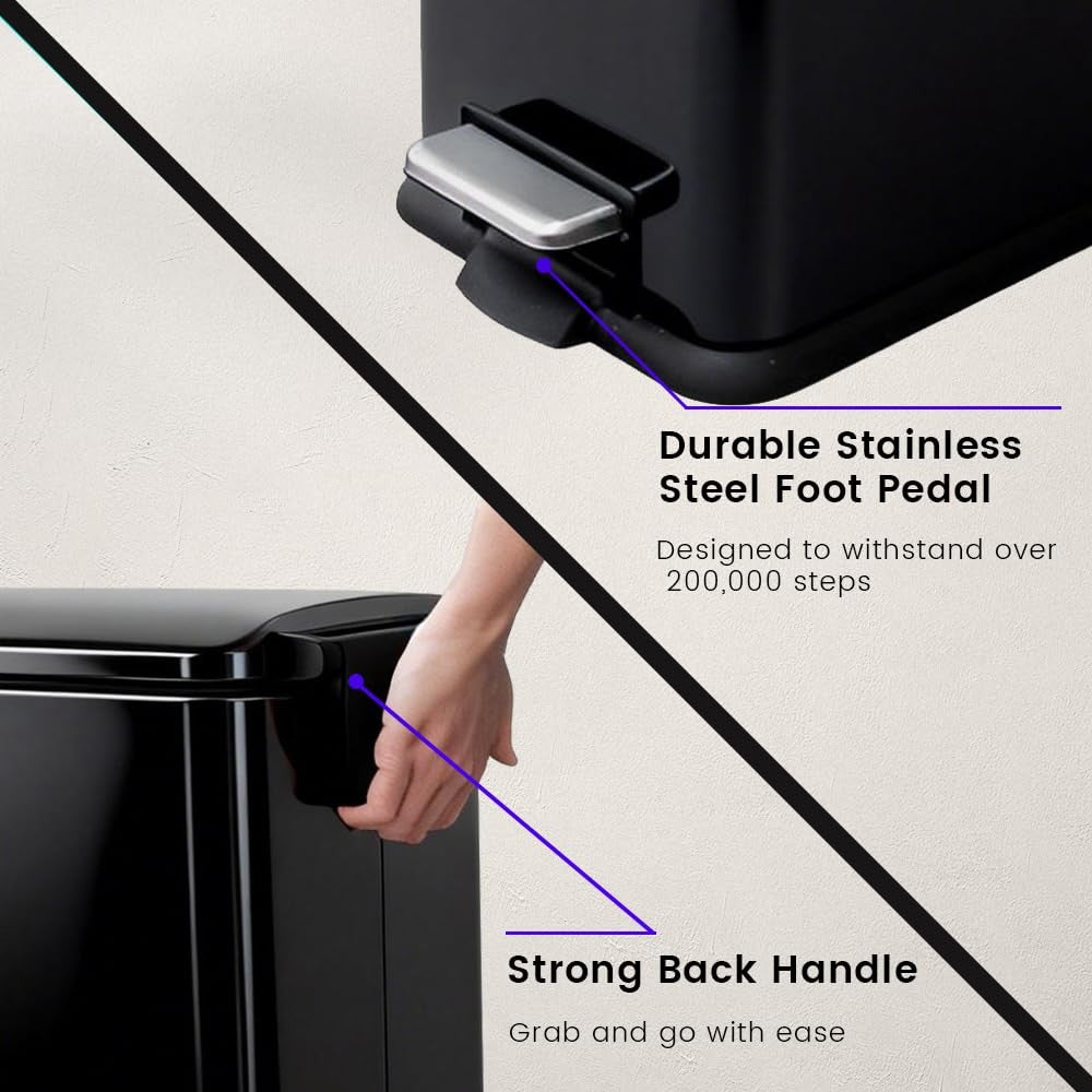 45L Kitchen Pedal Bin Soft Close Stainless Steel Black