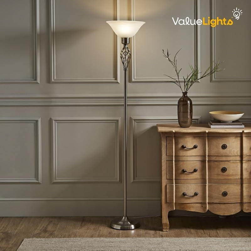 Traditional Floor Lamp Nickel Twist Frosted Glass Shade Tall Standing Light