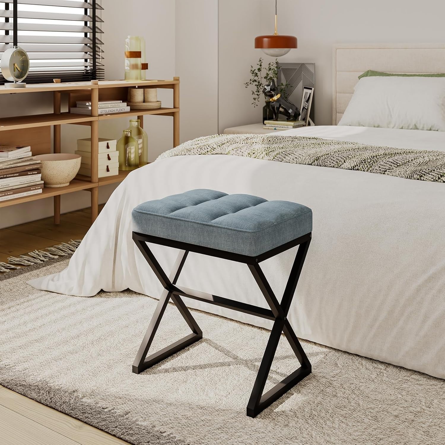 Blue Grey Linen Vanity Stool with X-Shaped Metal Legs Footrest Bench 40x30x46cm