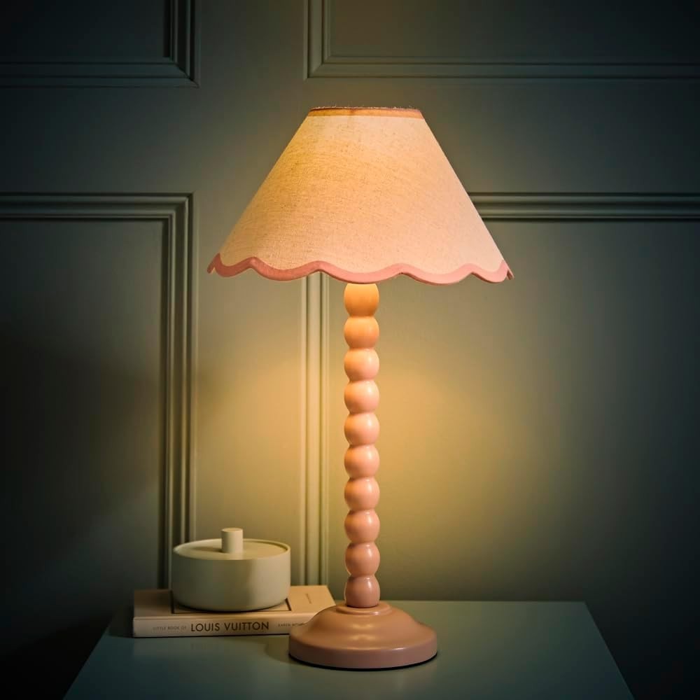 Rose Pink Bobbin Table Lamp Scallop Shade Pastel Bedside 45cm