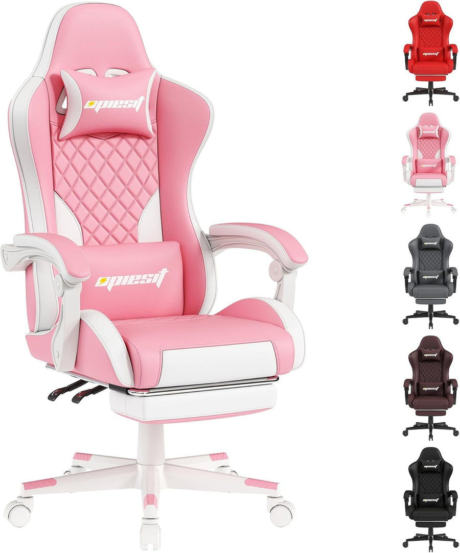 Ergonomic Gaming Chair with Footrest Reclining Pink PU