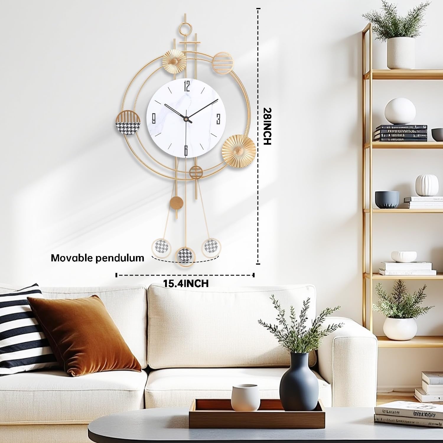 39×71cm Gold Pendulum Wall Clock – Silent Quartz Modern Large Decorative Clock