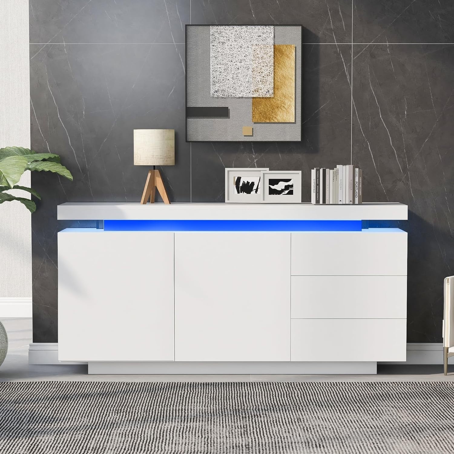High Gloss LED Sideboard Cabinet 2 Door 3 Drawer Storage Modern White Unit