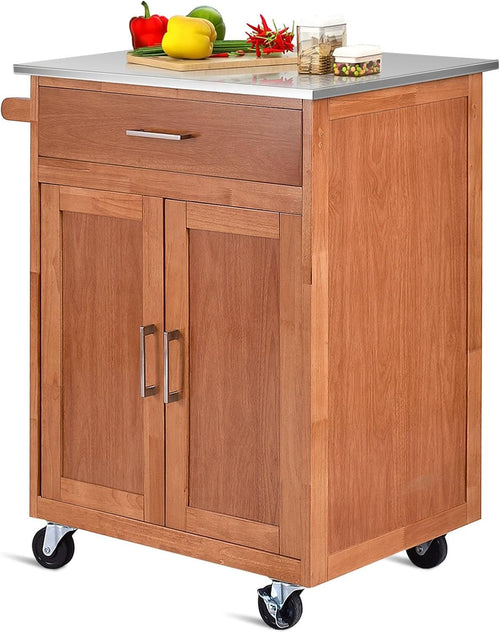 Kitchen Island Trolley on Wheels Stainless Steel Top Drawer Cabinet Storage