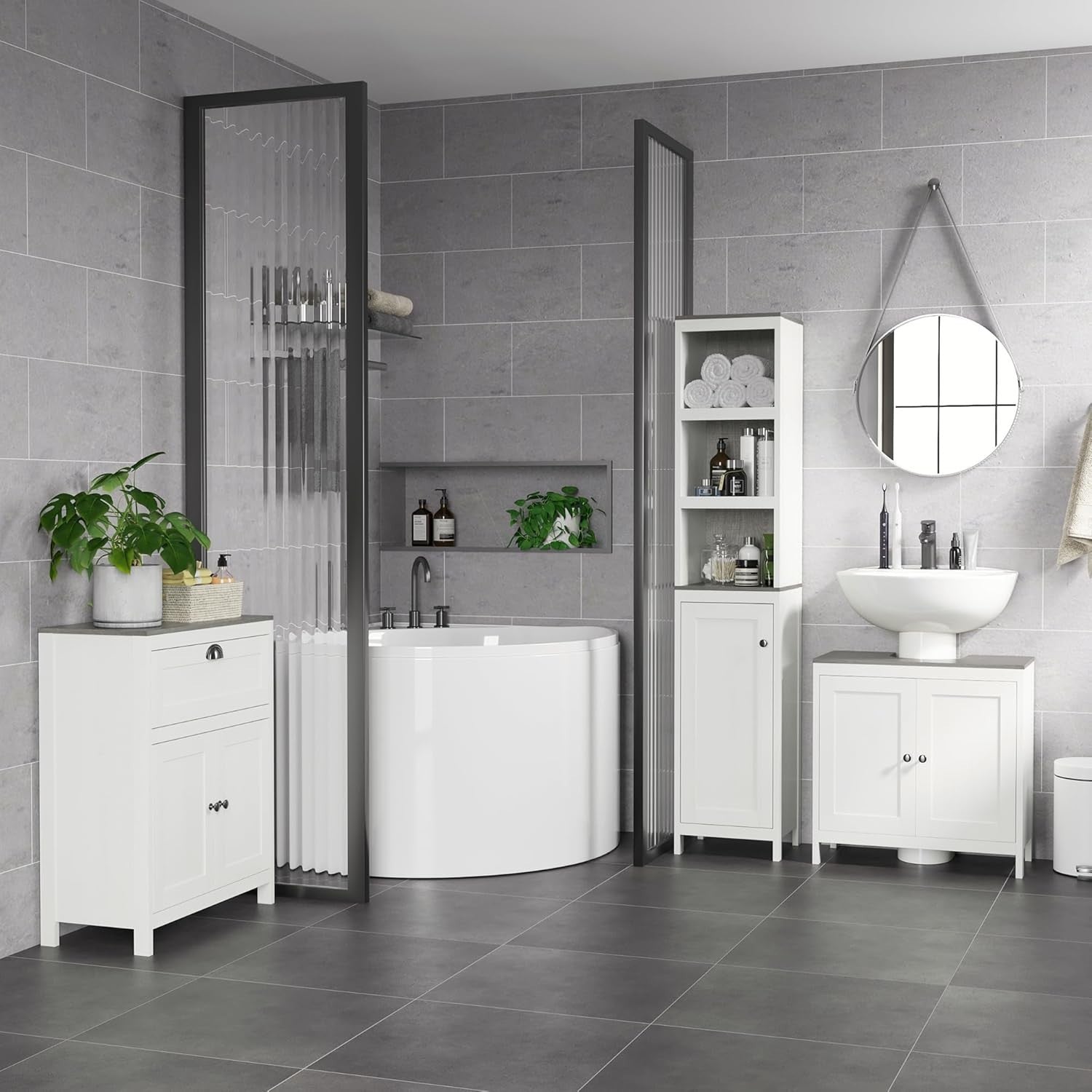 Under Sink Bathroom Cabinet Grey 60cm, Double Doors, Freestanding Storage Unit
