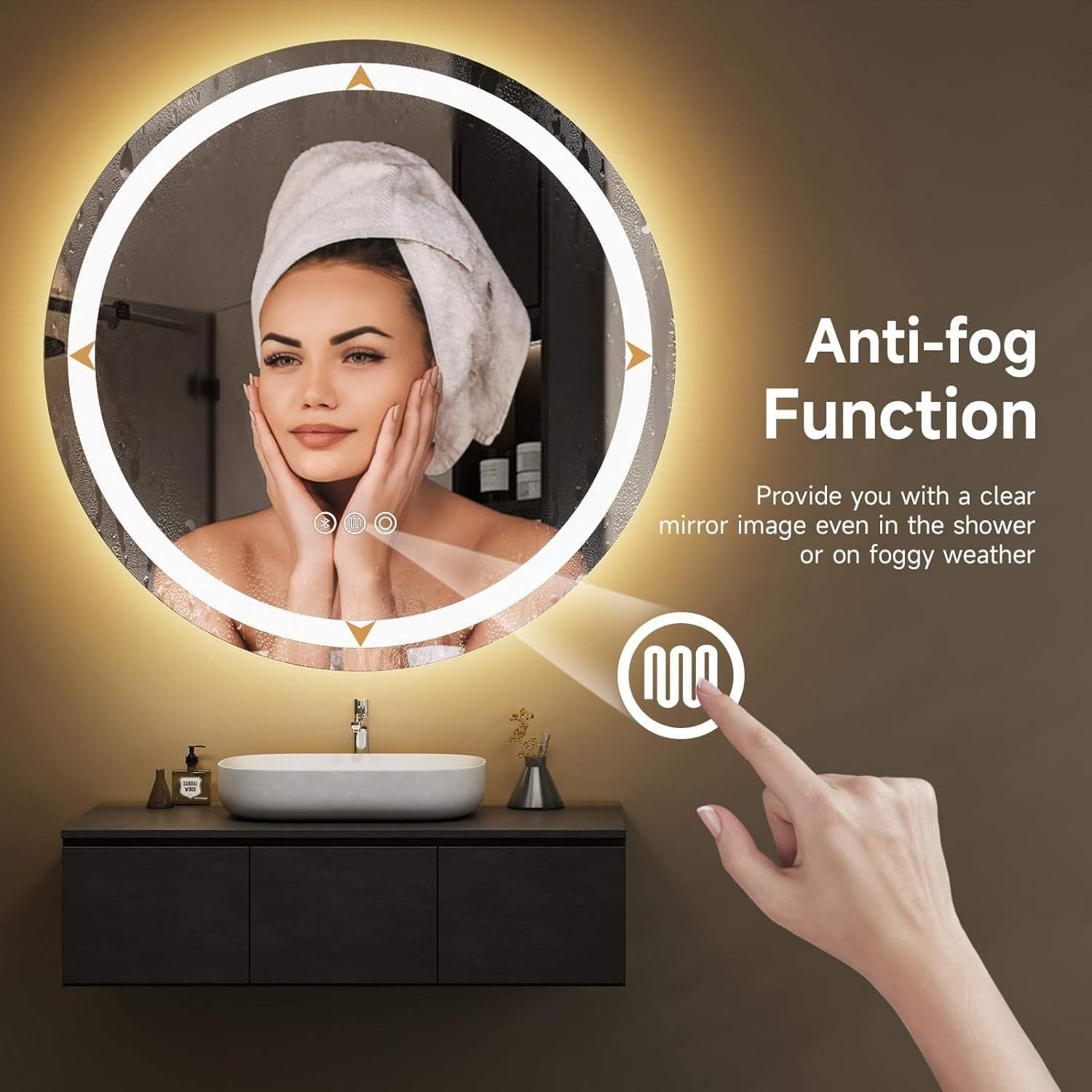 600mm LED Bathroom Mirror Round Bluetooth Speaker Anti-Fog Touch Light