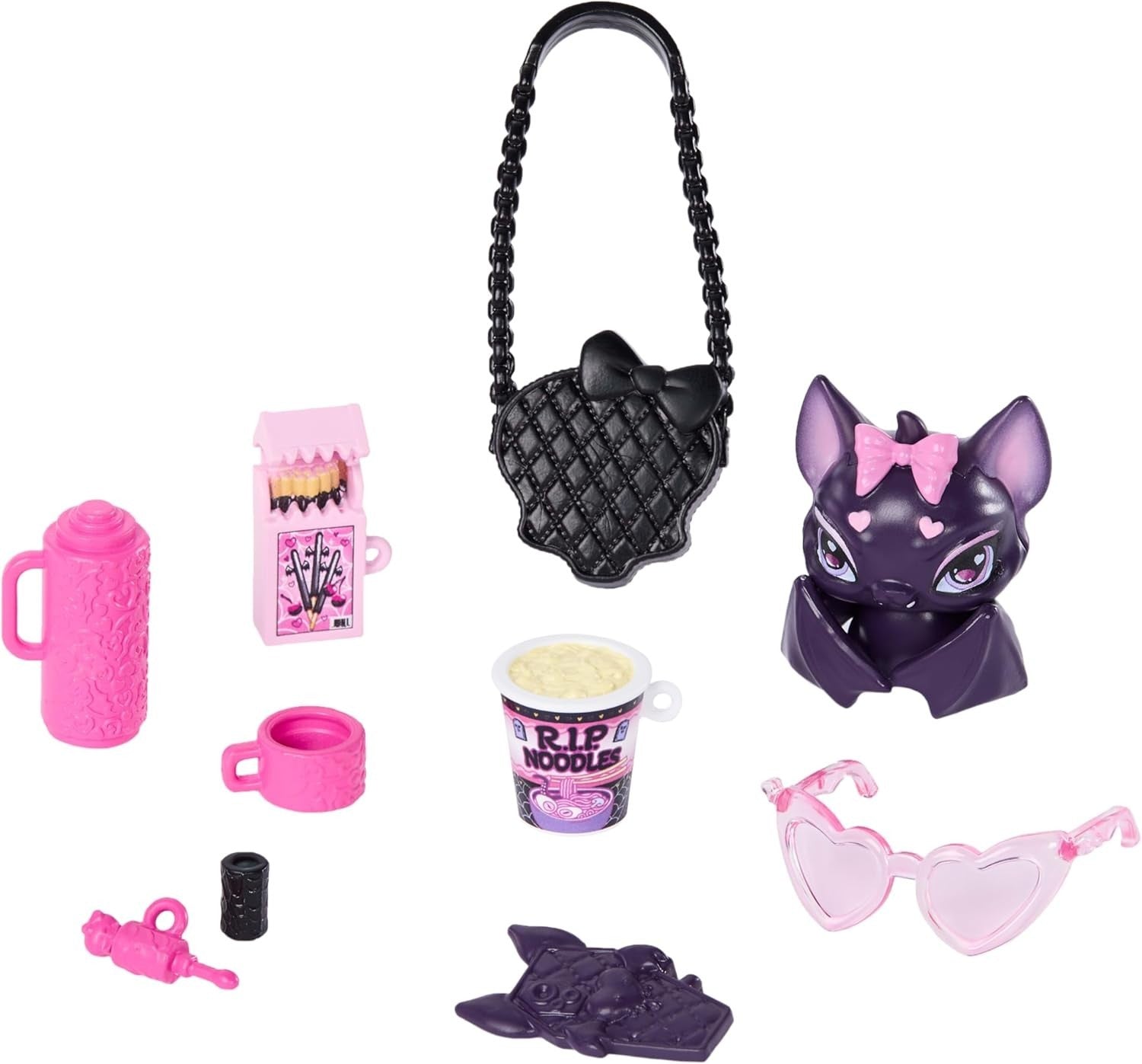 Pink Bow Fashion Doll with Pet Bat 7 Accessories Cute Outfit