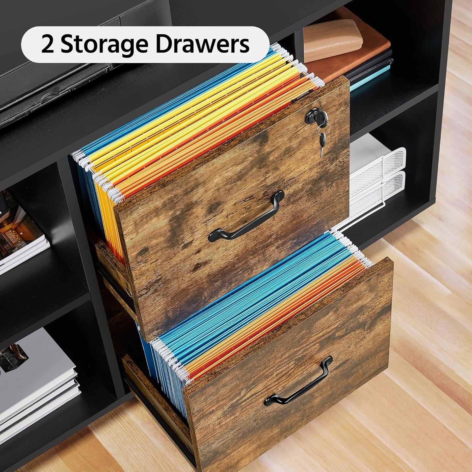 Rustic Black Rolling File Cabinet 100x40x65.5cm 2 Drawer Printer
