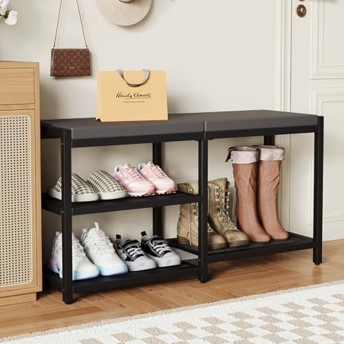 Black 35"L Shoe Bench with Cushion & Alloy Steel Frame, Storage Seat