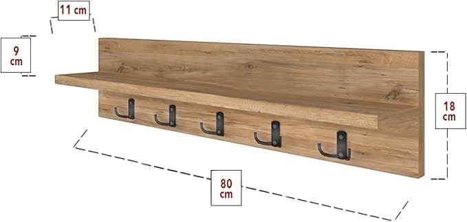 Wall Mounted Coat Rack 80cm Pine Shelf 5 Hooks Floating Storage Rail