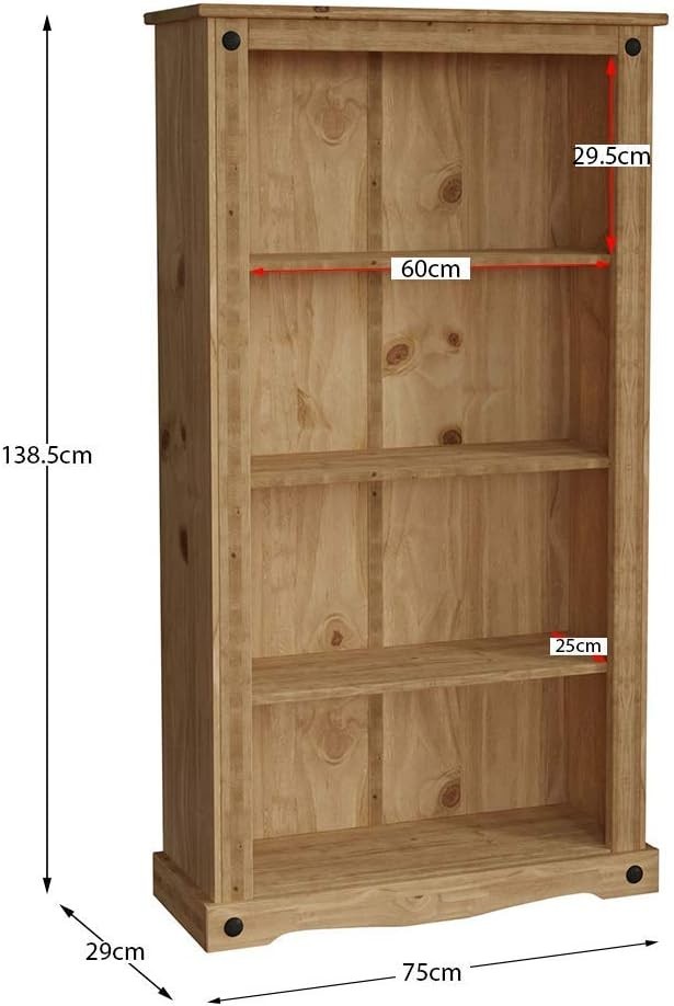 Rustic Pine Medium 3-Tier Bookcase – Solid Wood Shelf Unit 138.5cm High