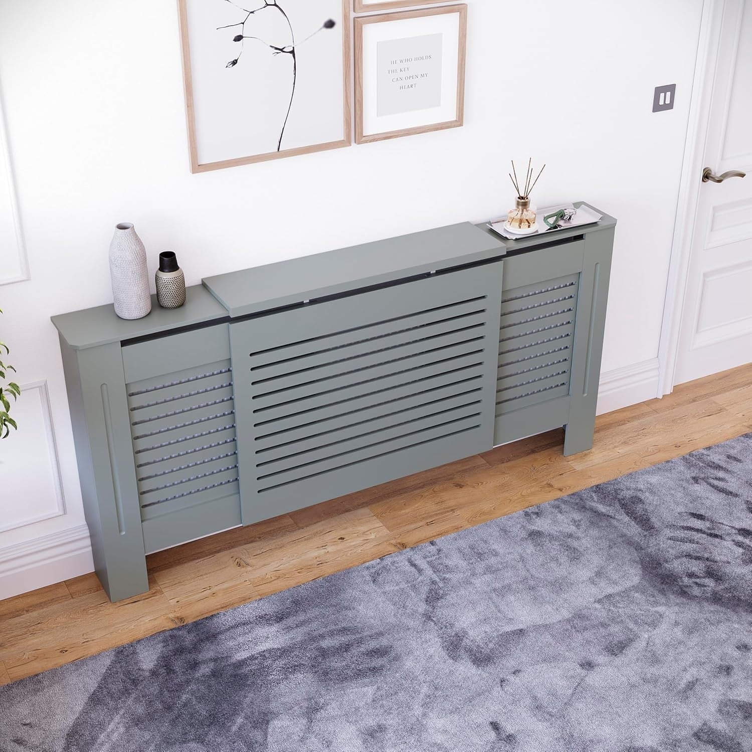 Adjustable Olive Grey Radiator Cover MDF Cabinet 195x80x16cm Modern Design