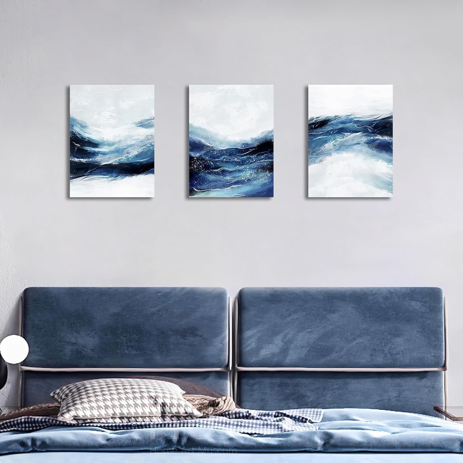 3Pcs Blue Abstract Canvas Wall Art 30x40cm Framed Sea Wave