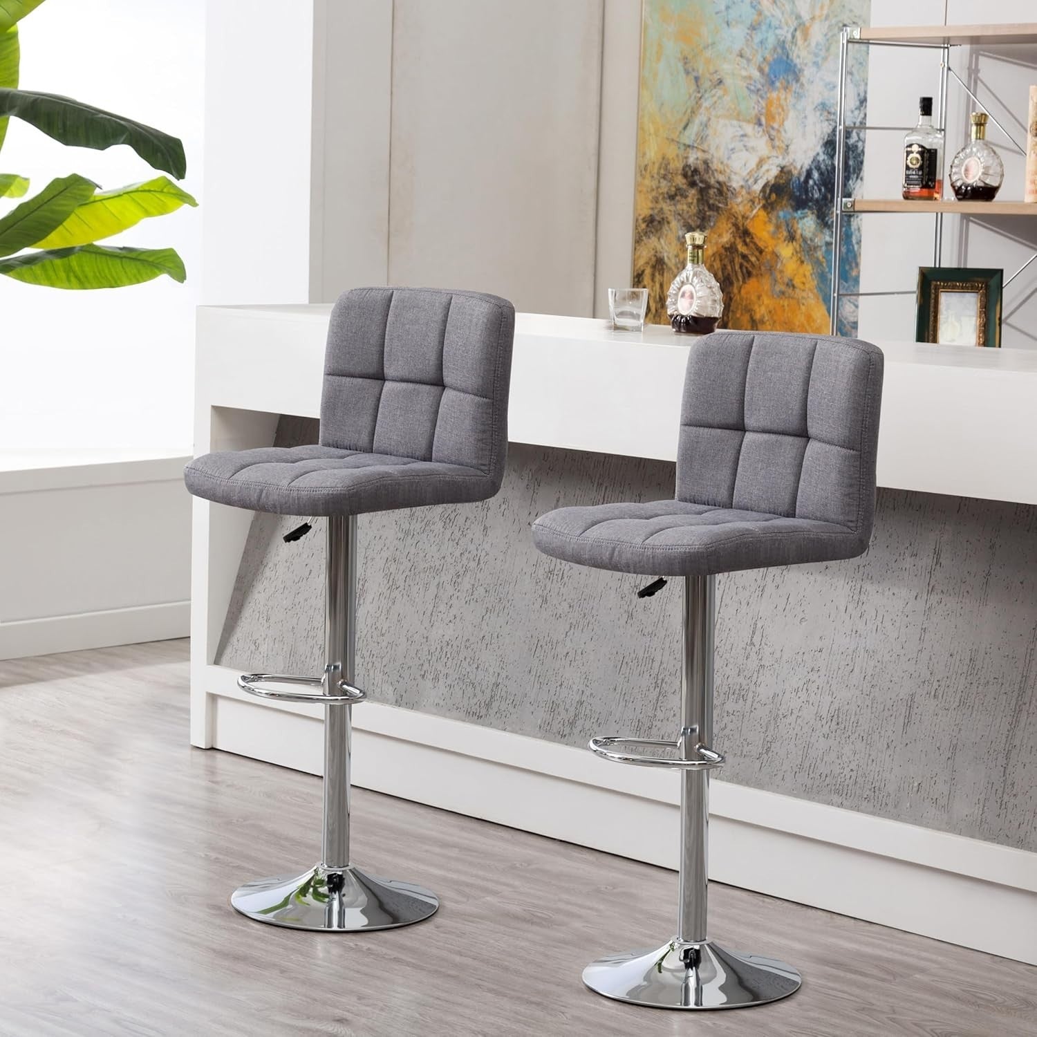 Adjustable Bar Stools Set of 2 Swivel Gas Lift Grey Chairs
