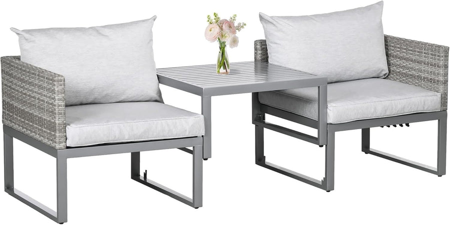 3 in 1 Rattan Bistro Set Adjustable Table Lounge Chairs Cushioned Patio Grey