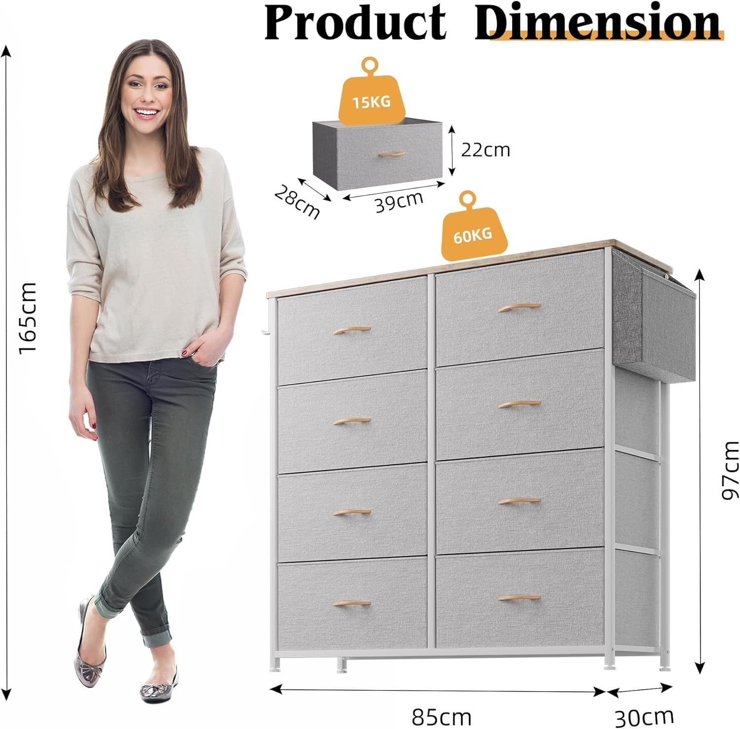 Light Grey 8 Drawer Storage Unit with Labels & Pocket – 80x30x97cm