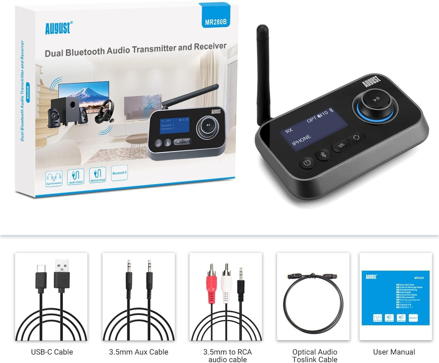 Bluetooth 5.0 Transmitter Receiver Low Latency RCA AUX Optical