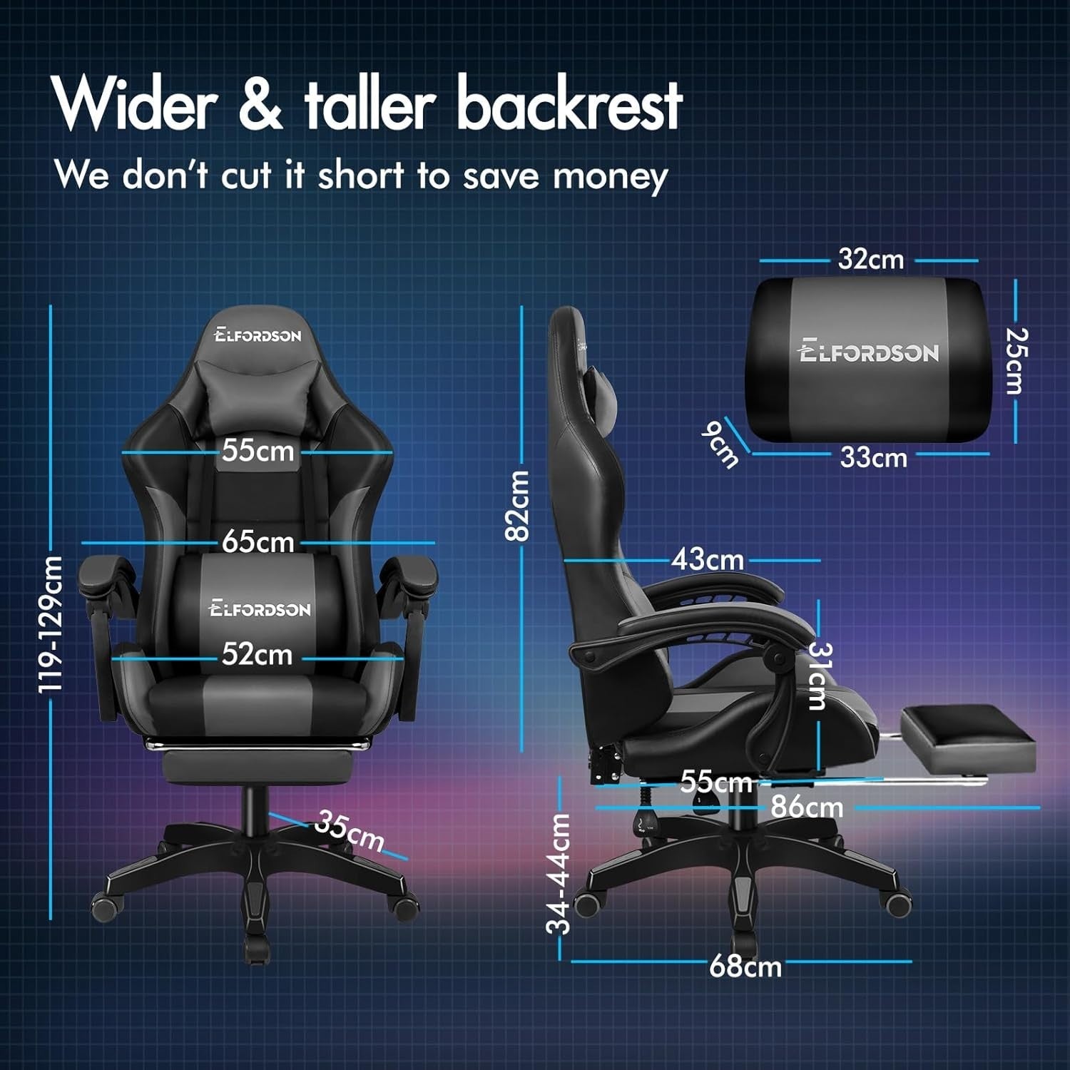 Grey Gaming Chair XL Massage Lumbar Footrest Ergonomic High Back PU Leather