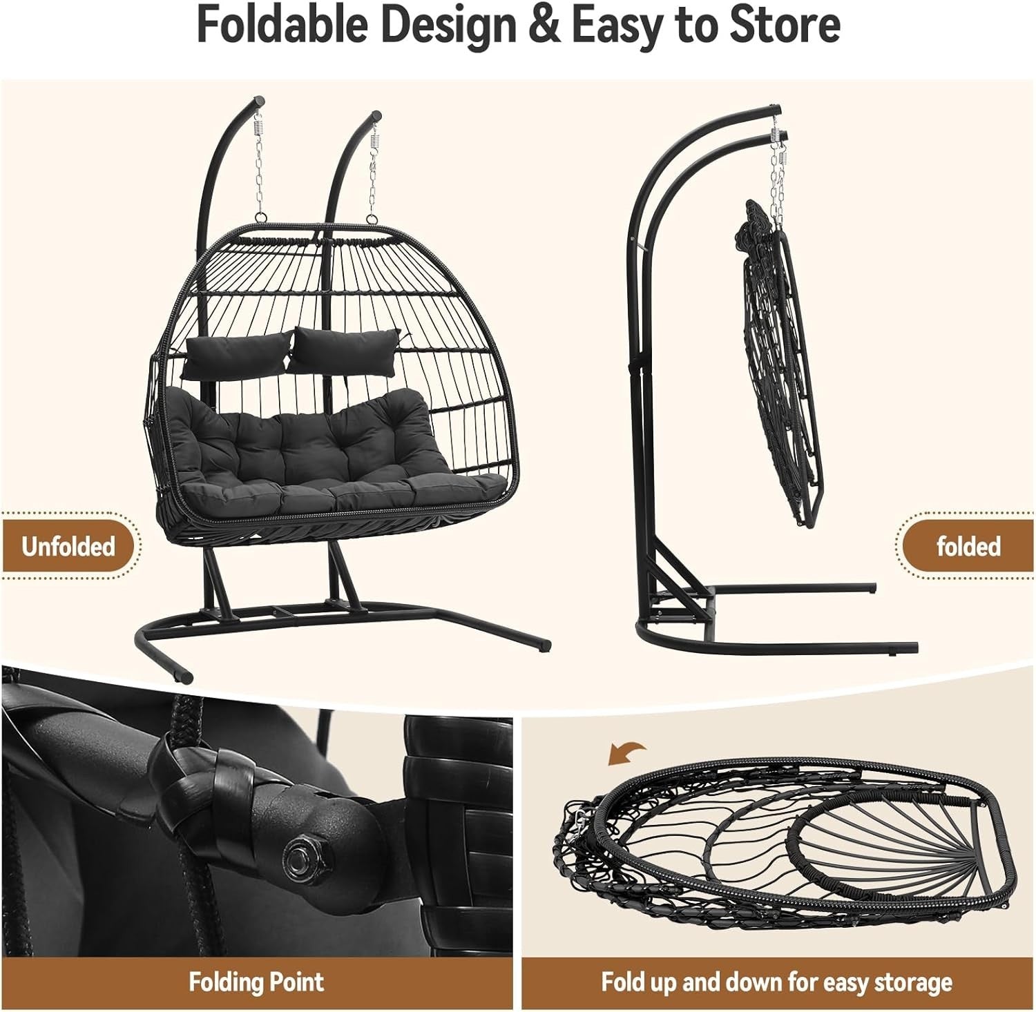 Double Egg Swing Chair with Stand Cushioned Rattan Hanging Seat Garden Patio