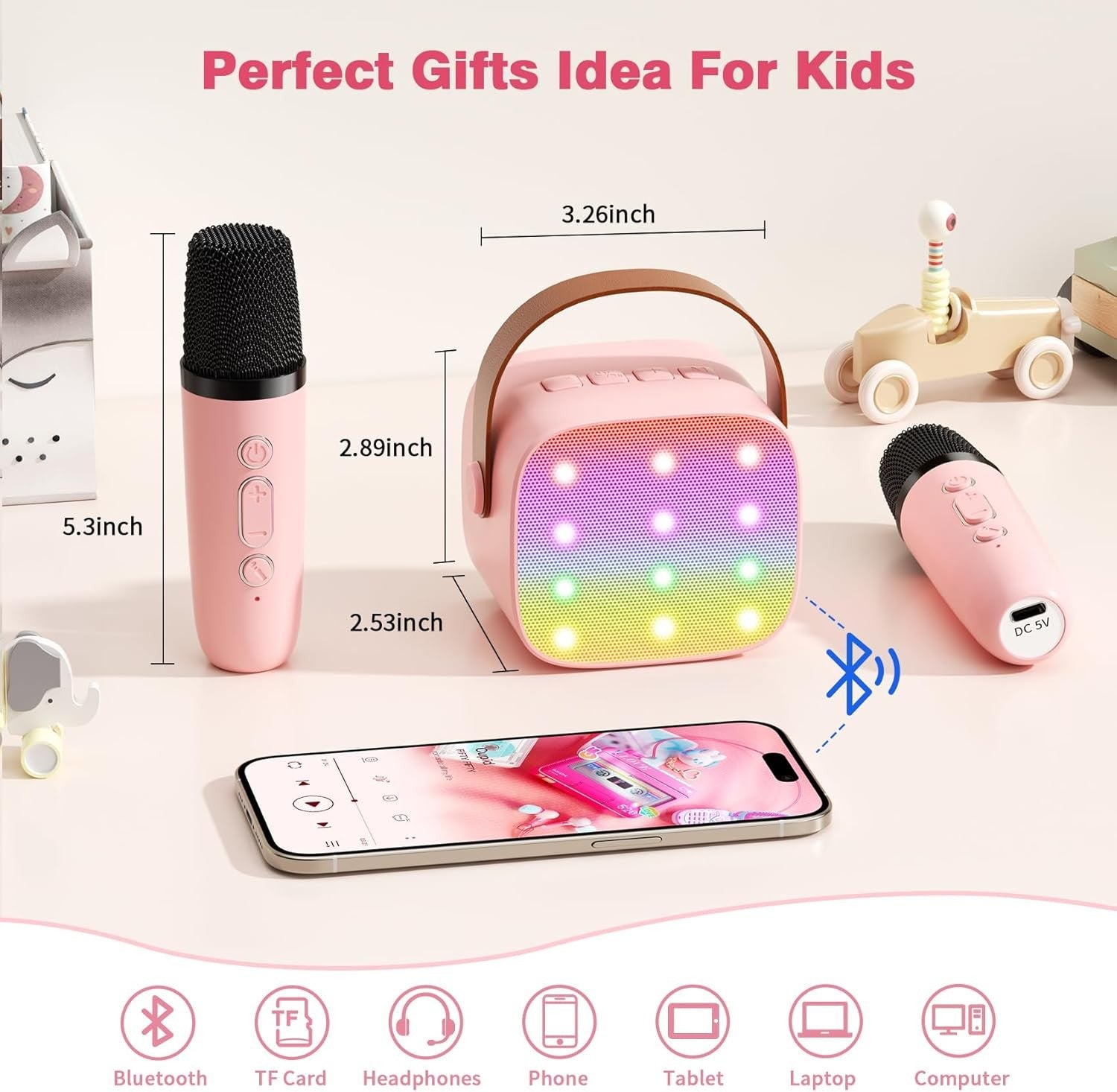 Mini Karaoke Machine with 2 Wireless Mics Kids Bluetooth